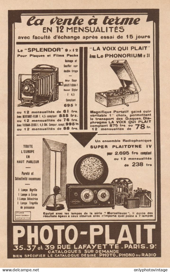 PHOTO-PLAIT - Apparecchi Fotografici - Pubblicità D'epoca - 1930 Old Ad - Werbung