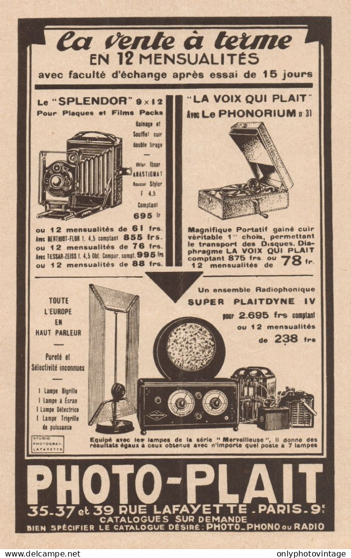 PHOTO-PLAIT - Apparecchi Fotografici - Pubblicità D'epoca - 1930 Old Ad - Werbung