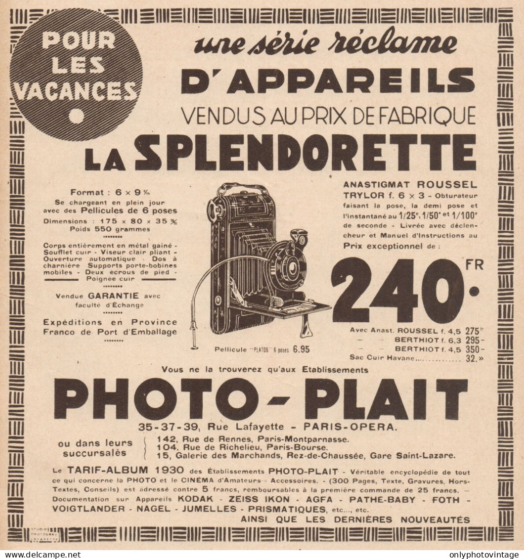 PHOTO-PLAIT - La Splendorette - Pubblicità D'epoca - 1930 Old Advertising - Publicidad