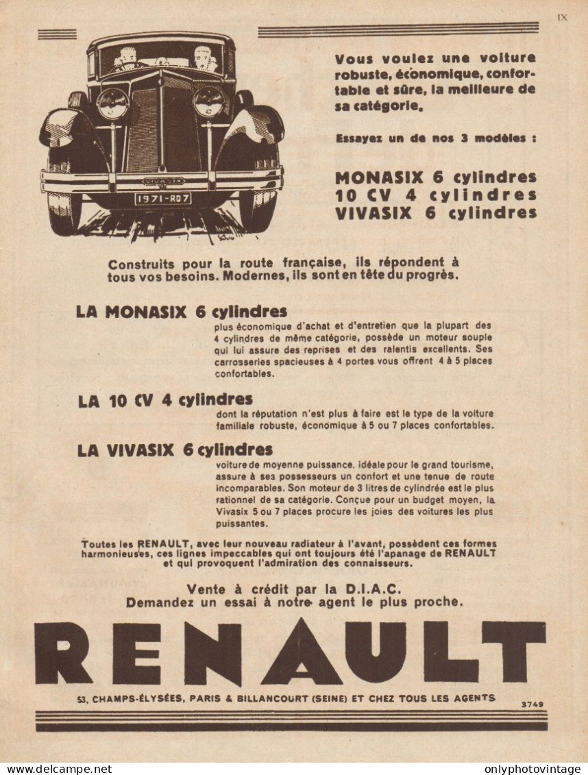 Automobile RENAULT Monasix - Pubblicità D'epoca - 1930 Old Advertising - Publicités