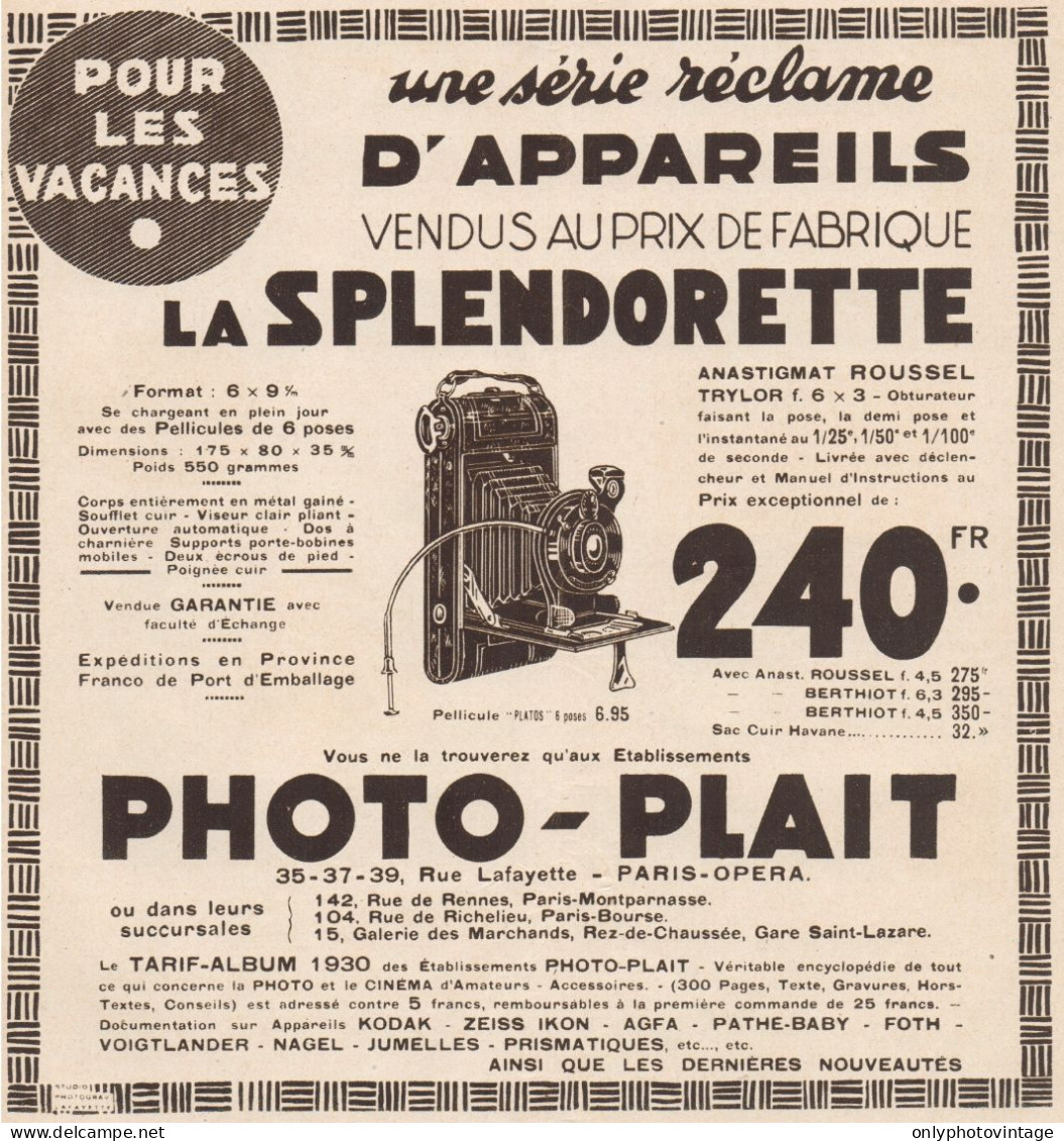 PHOTO-PLAIT - La Splendorette - Pubblicità D'epoca - 1930 Old Advertising - Publicidad
