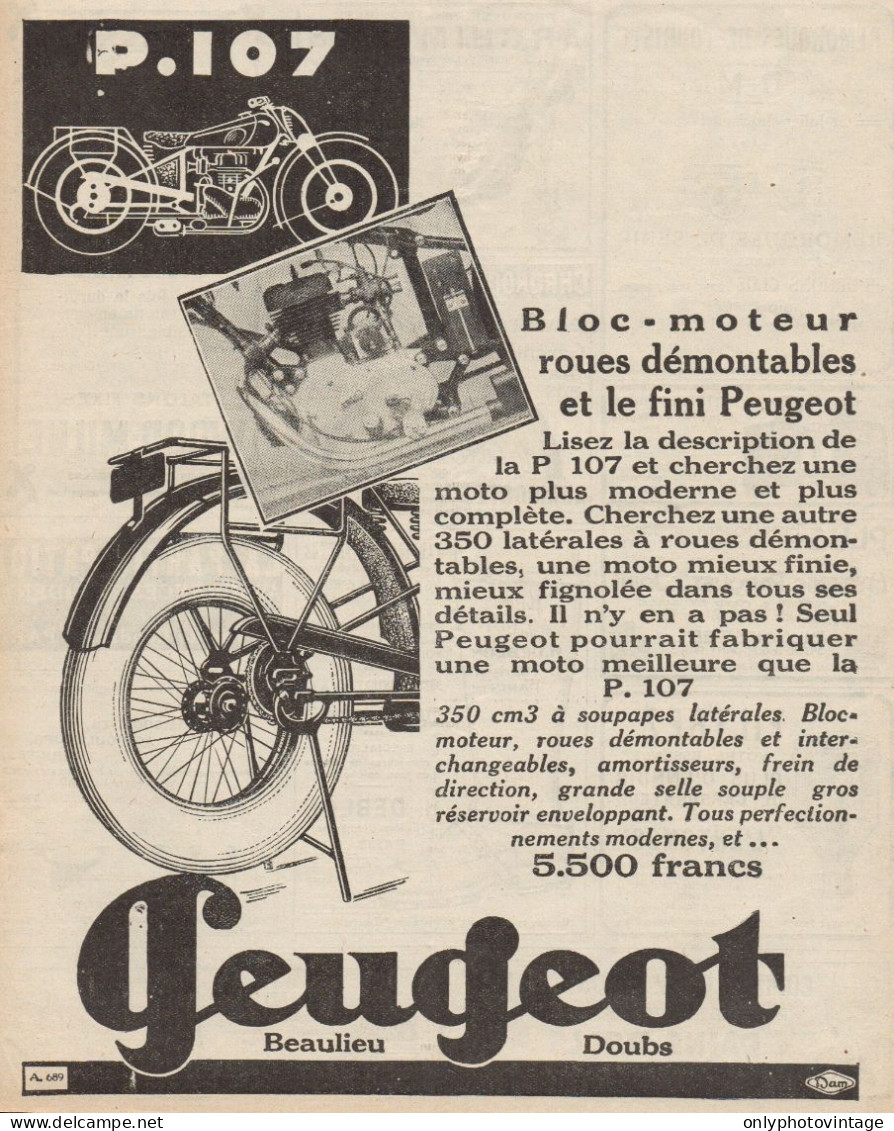 Motoveicolo PEUGEOT P. 107 - Pubblicità D'epoca - 1929 Old Advertising - Publicidad