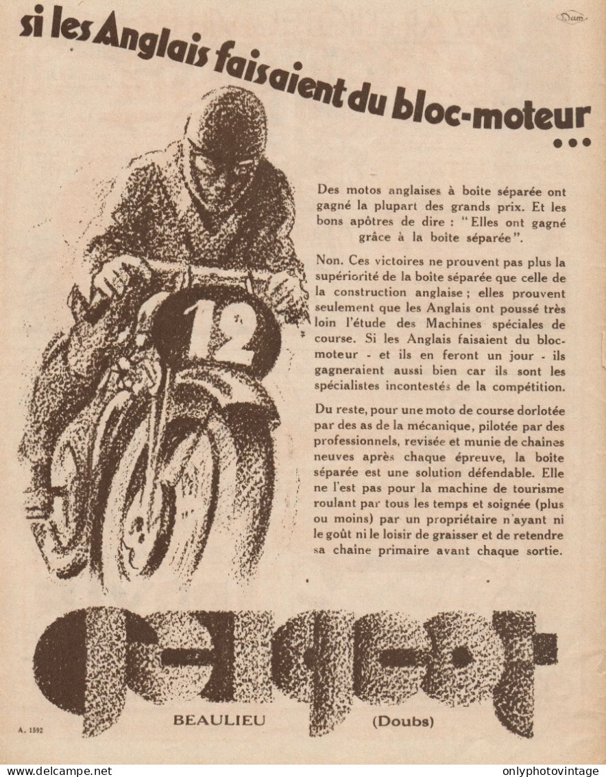 Moto Da Corsa PEUGEOT - Illustrazione - Pubblicità D'epoca - 1930 Old Ad - Publicités