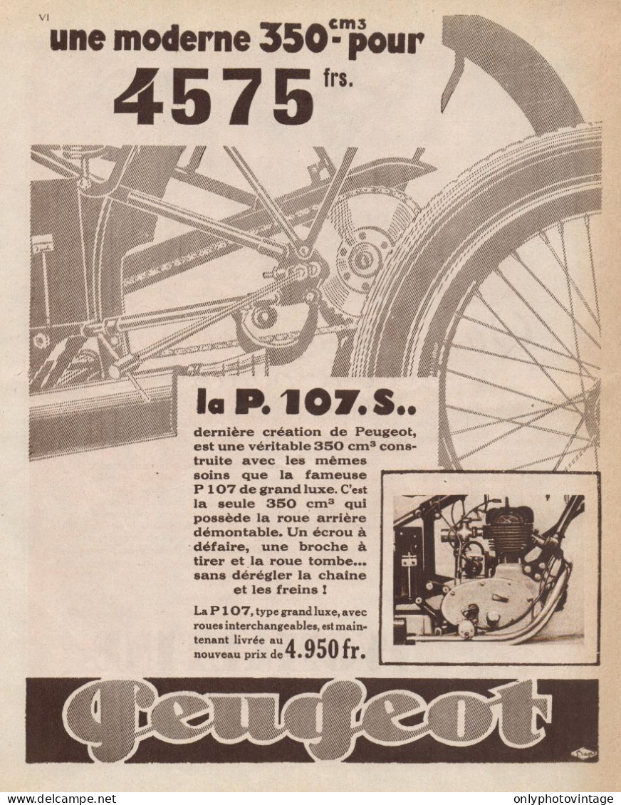 Motoveicolo PEUGEOT P. 107 S - Pubblicità D'epoca - 1929 Old Advertising - Publicités