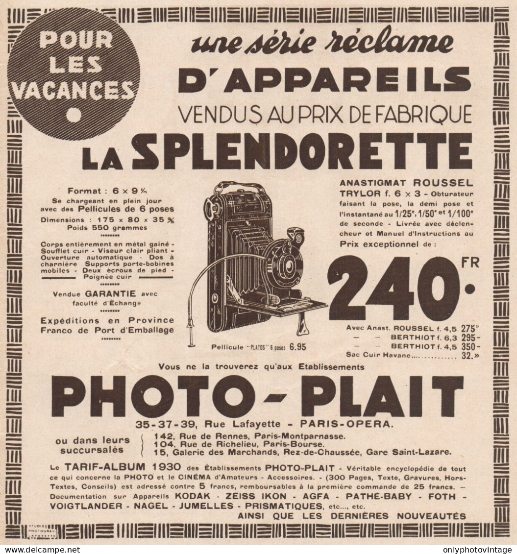 PHOTO-PLAIT - La Splendorette - Pubblicità D'epoca - 1930 Old Advertising - Publicidad