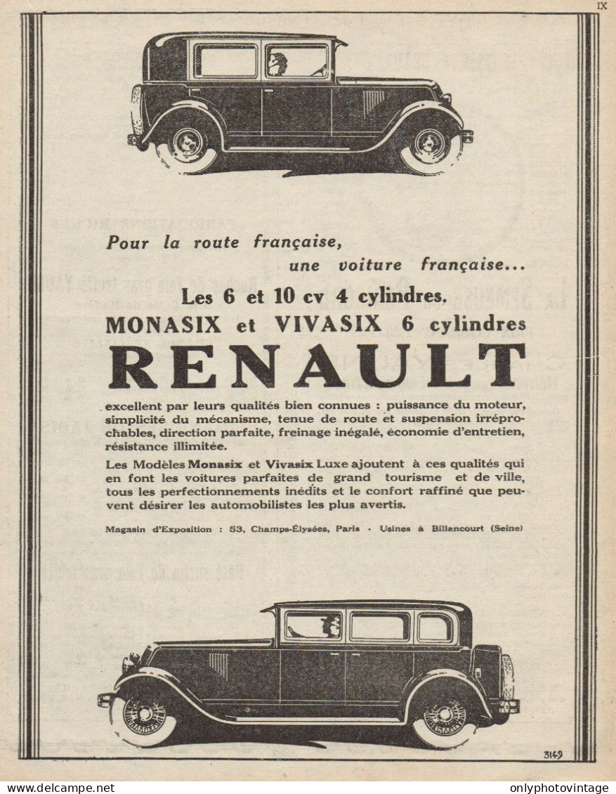 La 6 Cilindri RENAULT Monasix & Vivasix - Pubblicità D'epoca - 1928 Old Ad - Publicidad