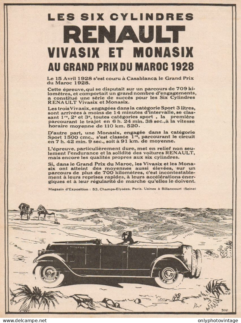 RENAULT Vivasix & Monasix Al G.P. Del Marocco - Pubblicità - 1928 Old Ad - Publicités