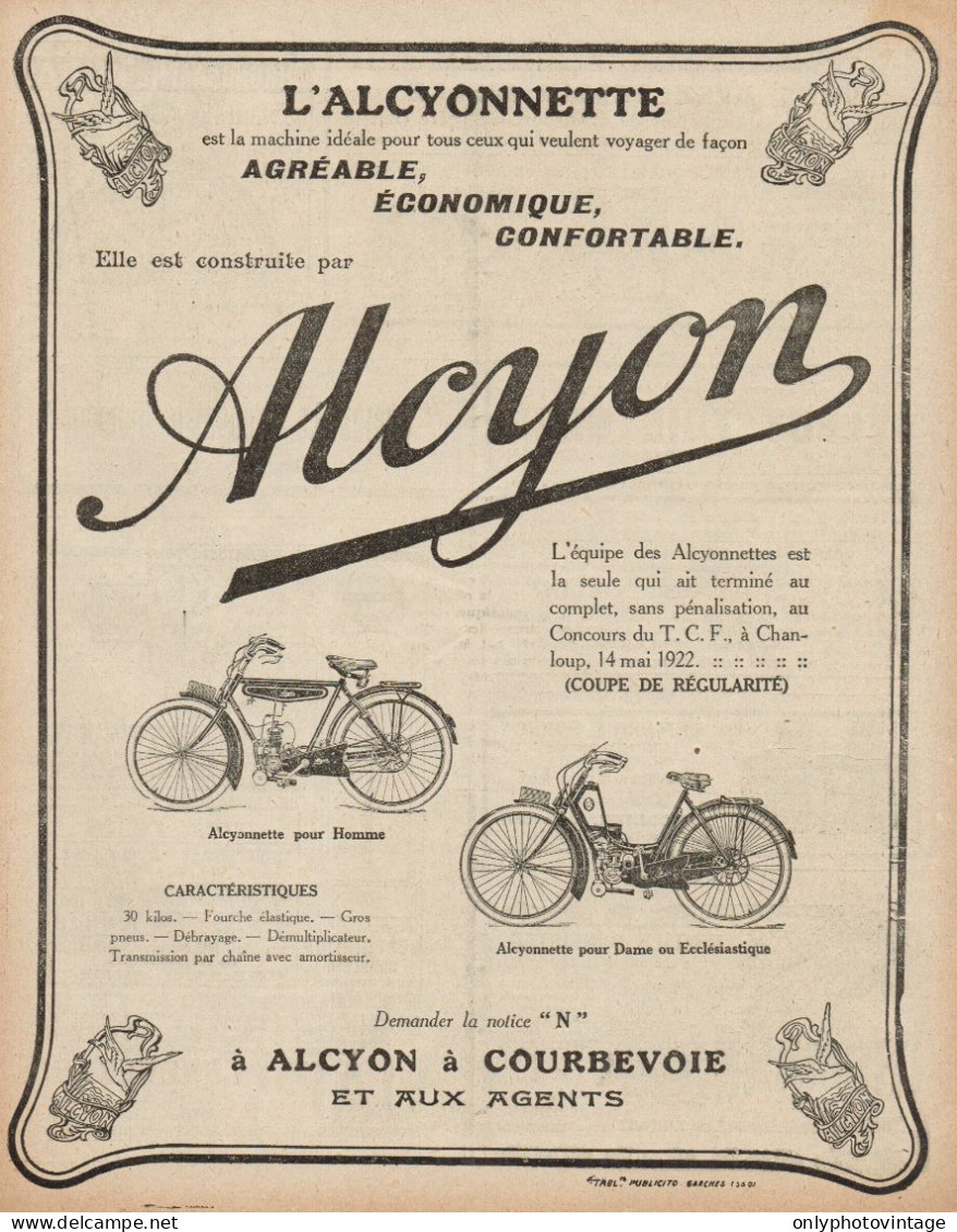 Motociclette ALCYONNETTE Per Uomo - Pubblicità D'epoca - 1923 Old Advert - Werbung