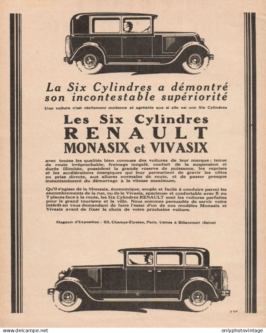 La 6 Cilindri RENAULT Monasix & Vivasix - Pubblicità D'epoca - 1928 Old Ad - Publicidad
