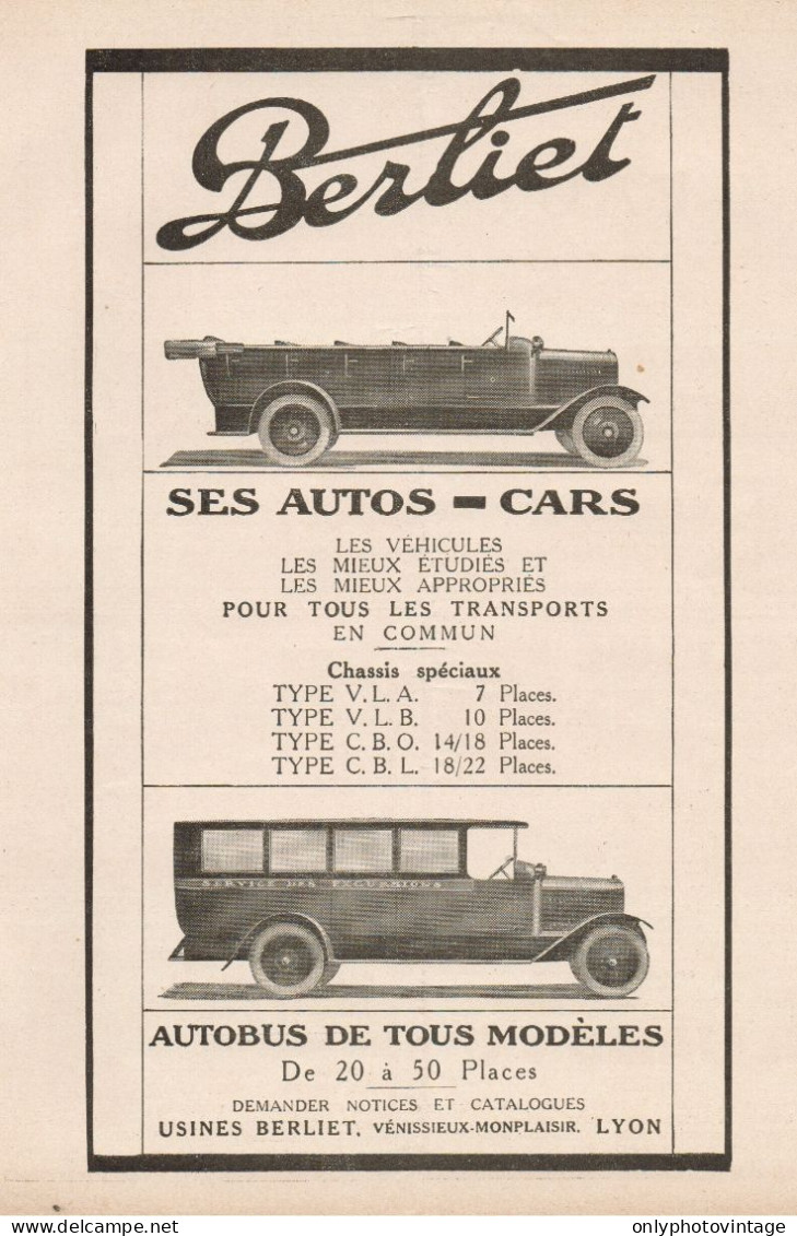 Automobili E Autobus BERLIET - Pubblicità D'epoca - 1922 Old Advertising - Publicités