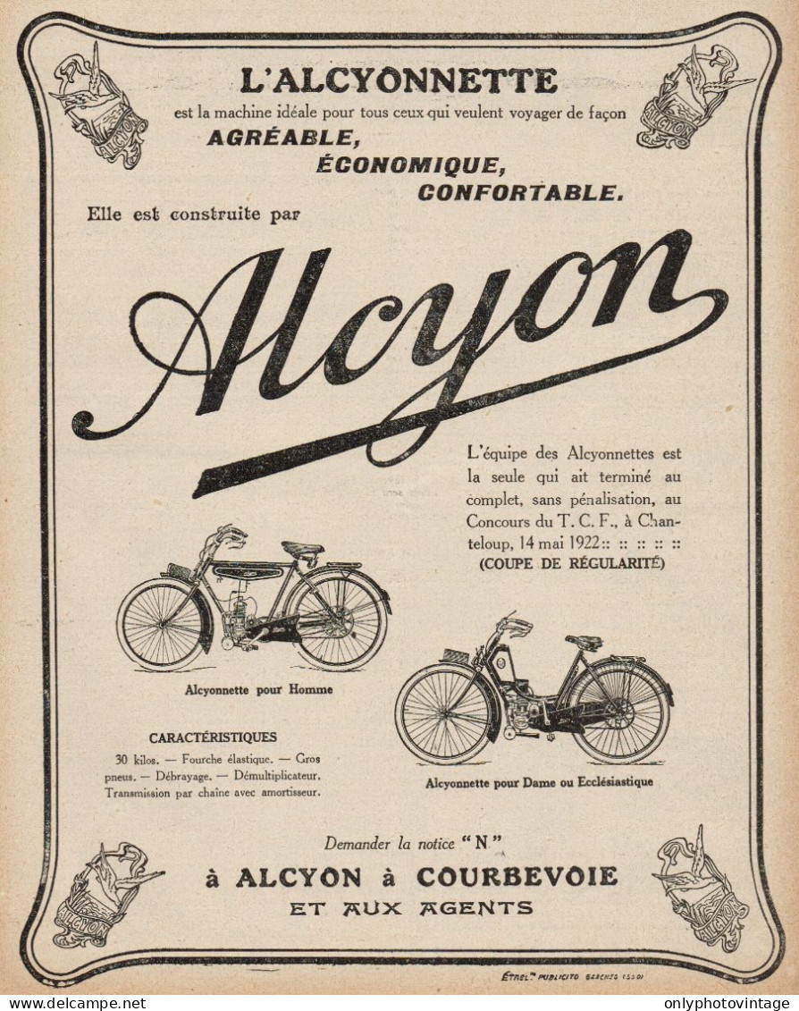 Motociclette ALCYONNETTE Per Donna - Pubblicità D'epoca - 1923 Old Advert - Publicités