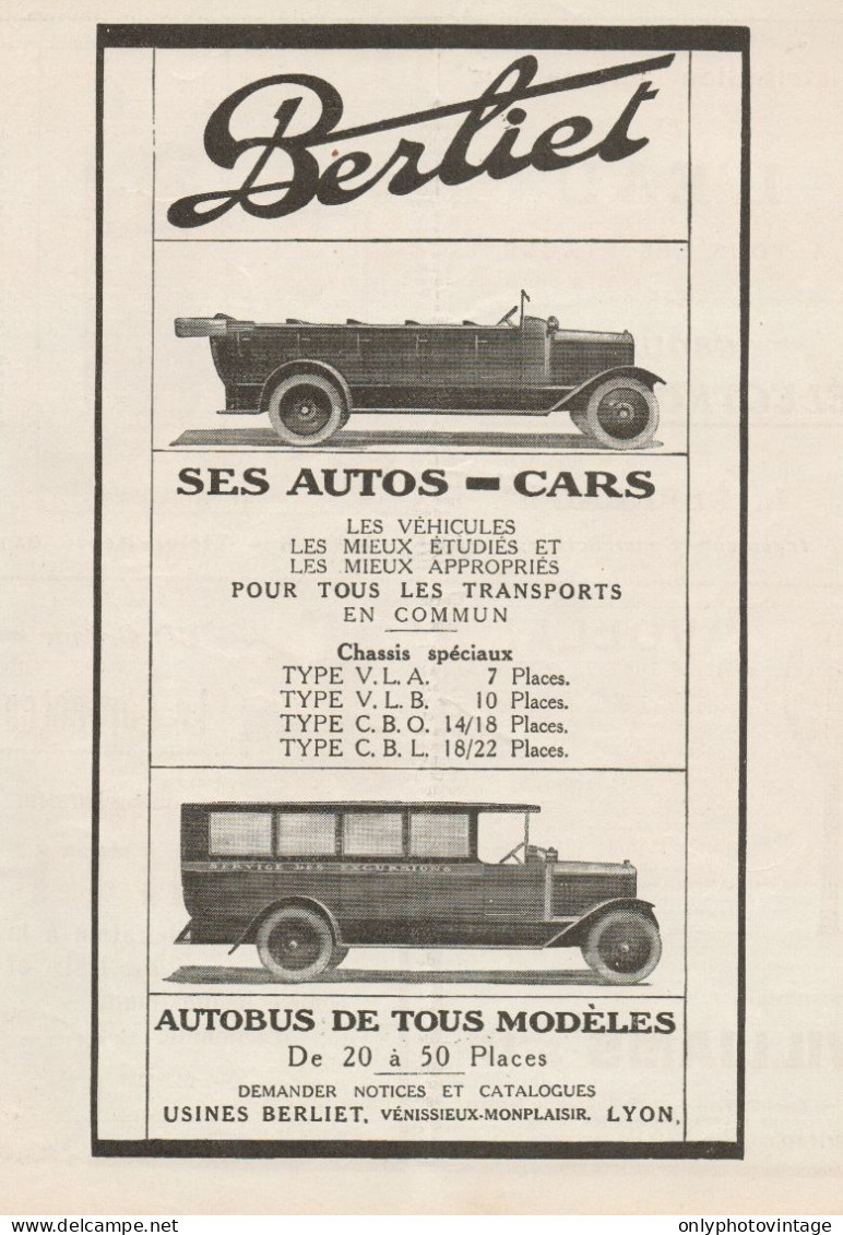 Automobili E Autobus BERLIET - Pubblicità D'epoca - 1922 Old Advertising - Publicités