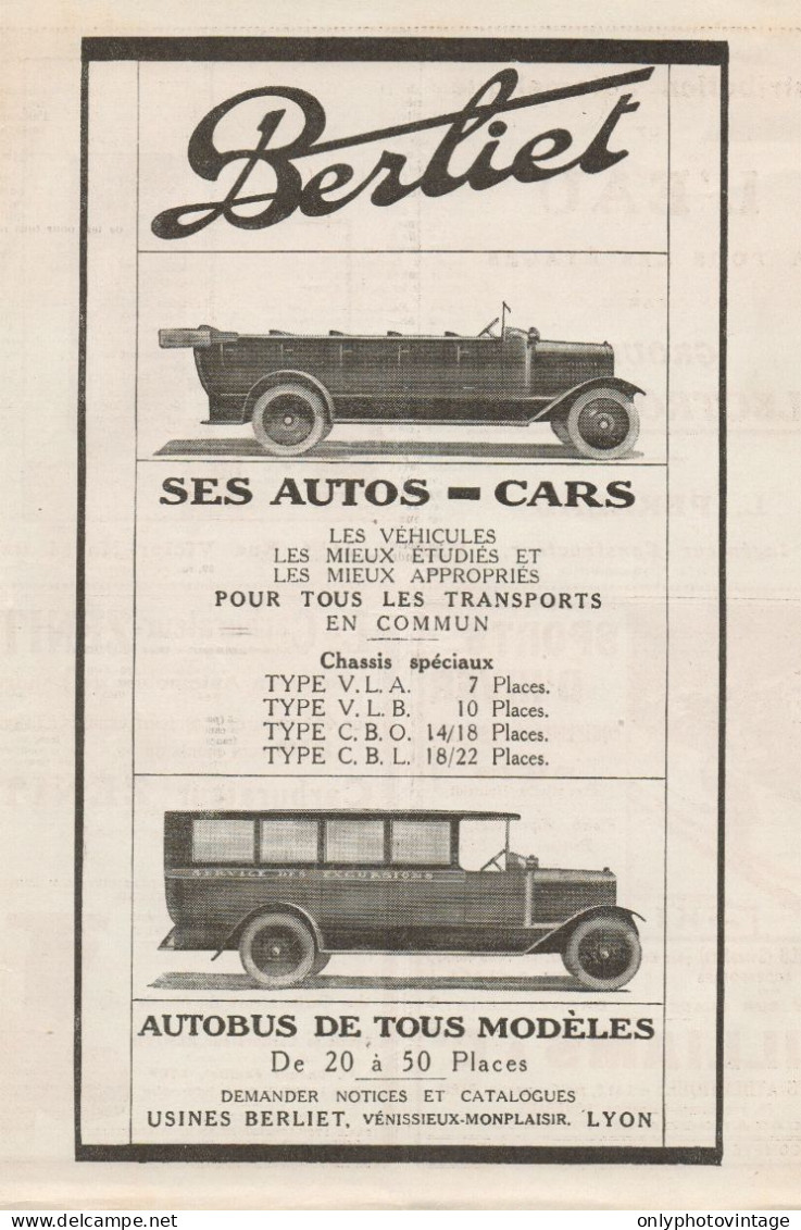 Automobili E Autobus BERLIET - Pubblicità D'epoca - 1922 Old Advertising - Publicités