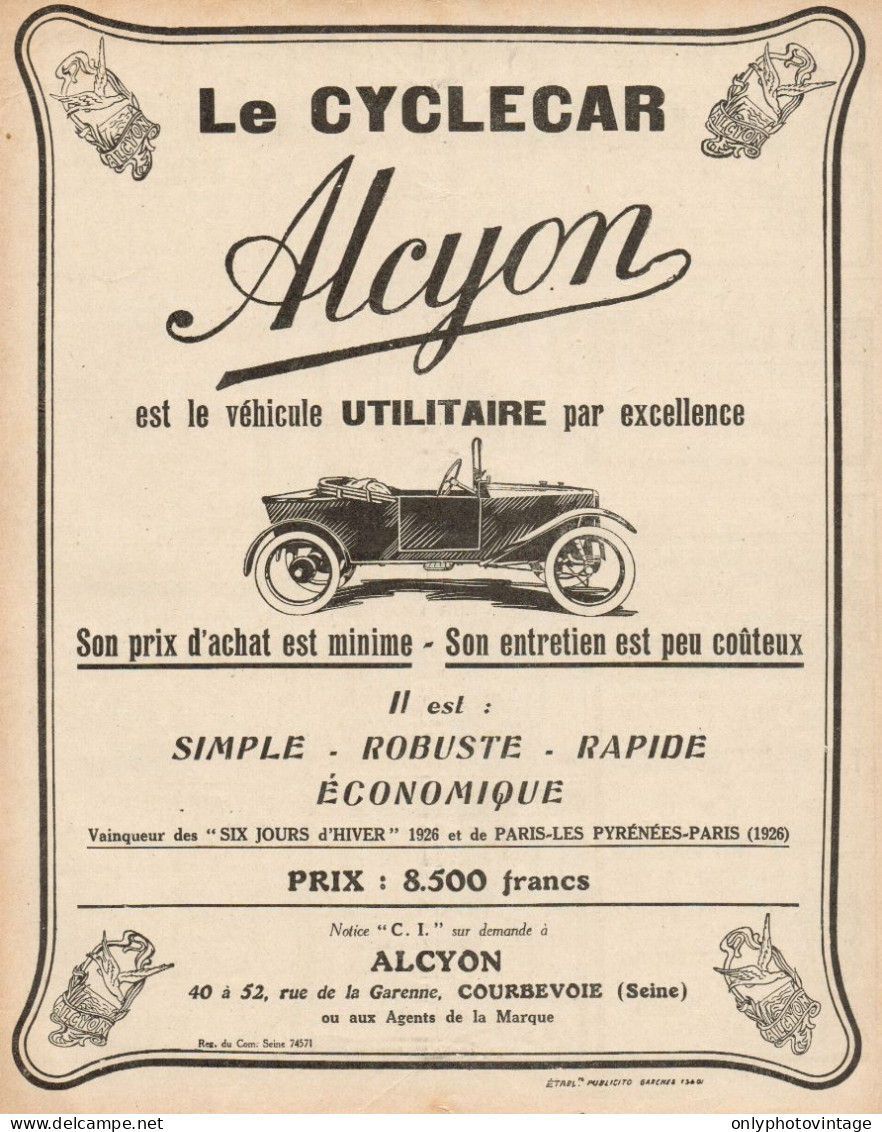 Le Cyclecar ALCYON - Pubblicità D'epoca - 1927 Old Advertising - Publicidad