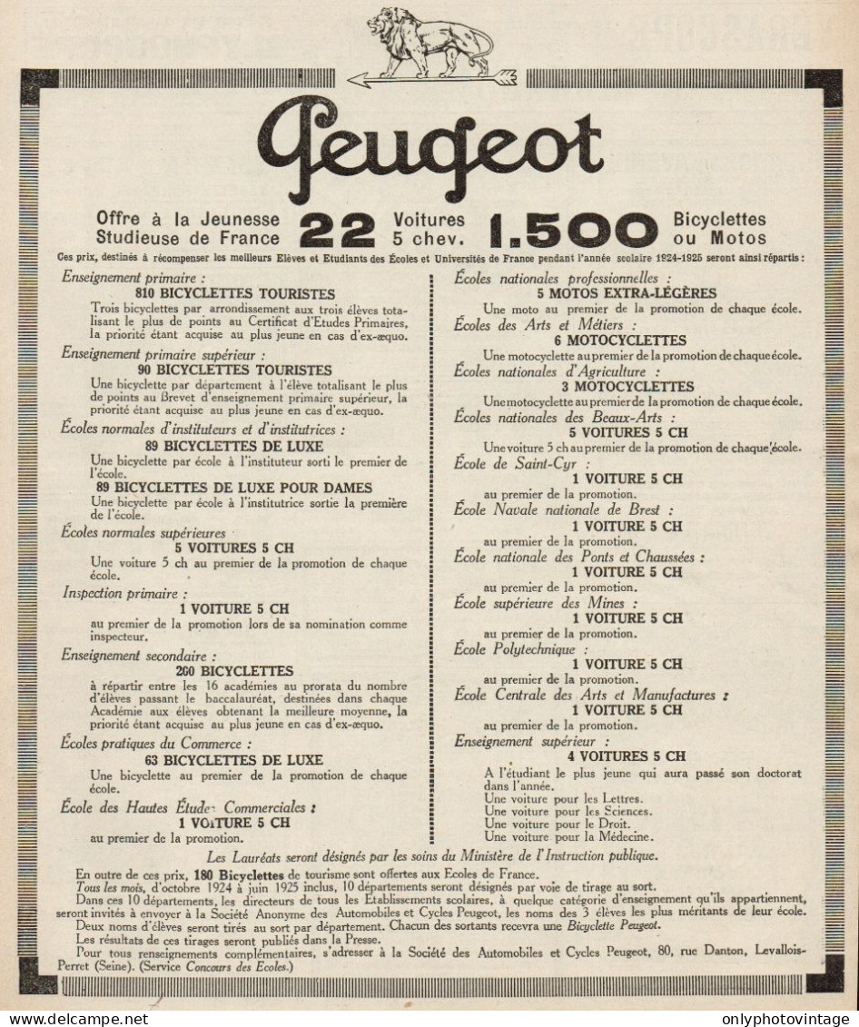 Motociclette PEUGEOT - Pubblicità D'epoca - 1924 Old Advertising - Publicités
