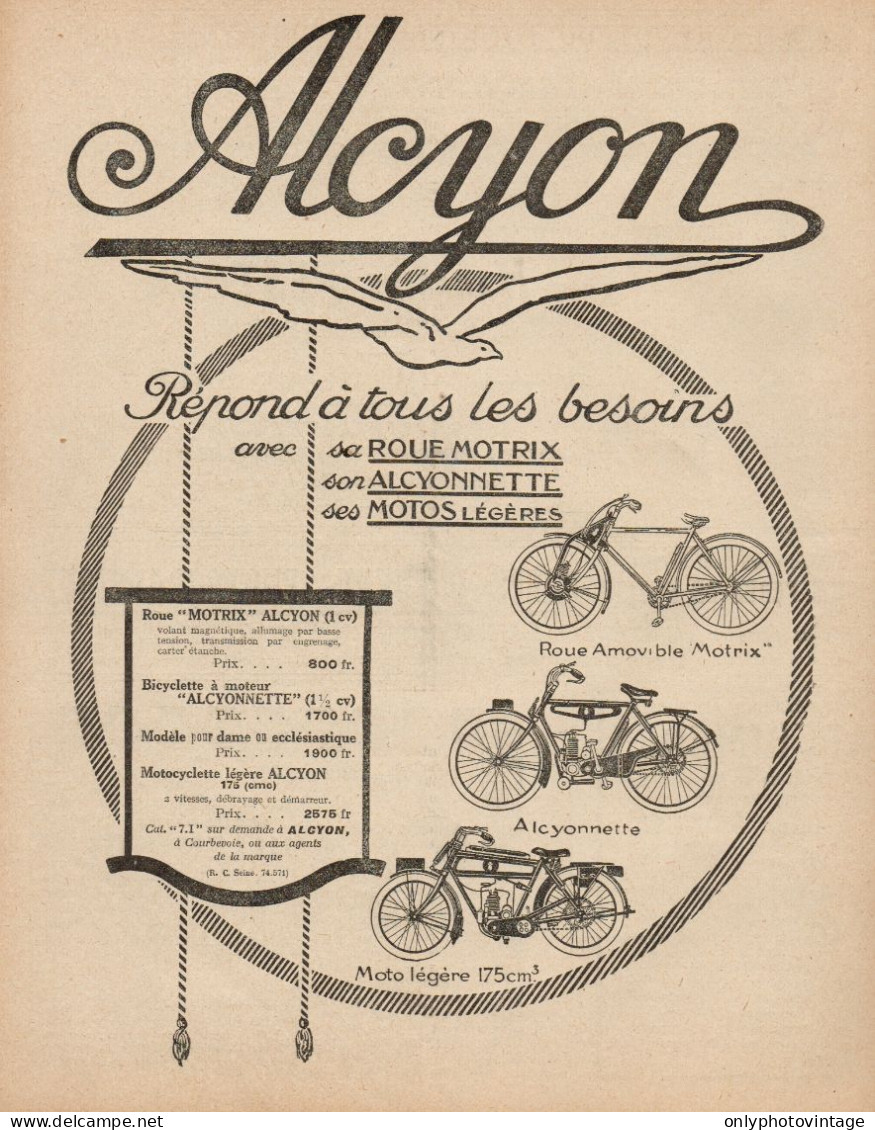 Motociclette ALCYONNETTE - Pubblicità D'epoca - 1924 Old Advertising - Werbung