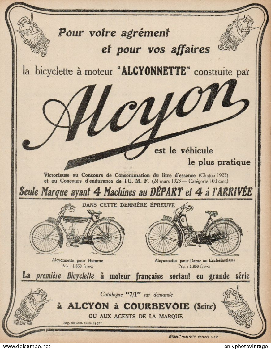 Motociclette ALCYONNETTE Per Donne - Pubblicità D'epoca - 1924 Old Advert - Publicités