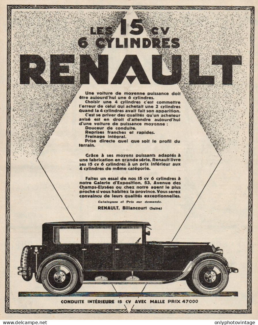 Automobile 15 Cv RENAULT - Illustrazione - Pubblicità D'epoca - 1927 Ad - Publicités
