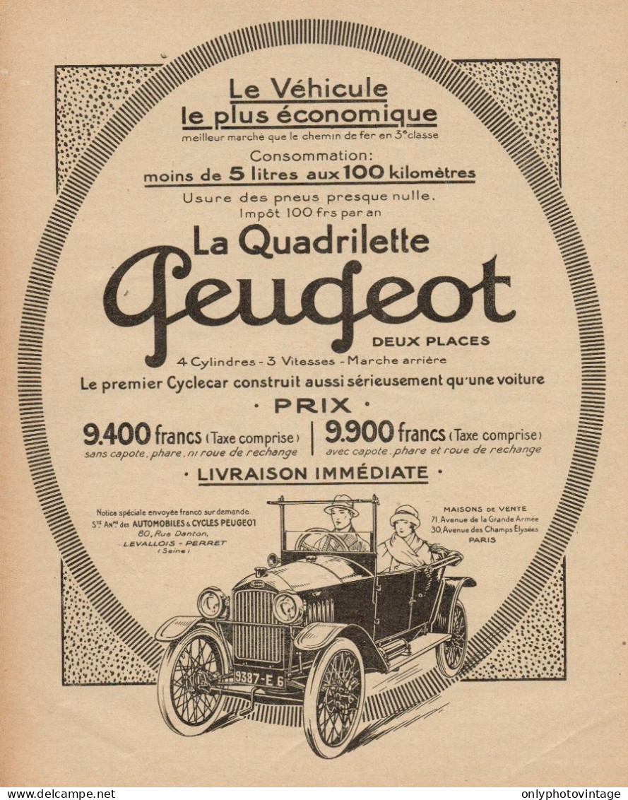 Automobile PEUGEOT La Quadrilette - Pubblicità D'epoca - 1921 Old Advert - Publicités