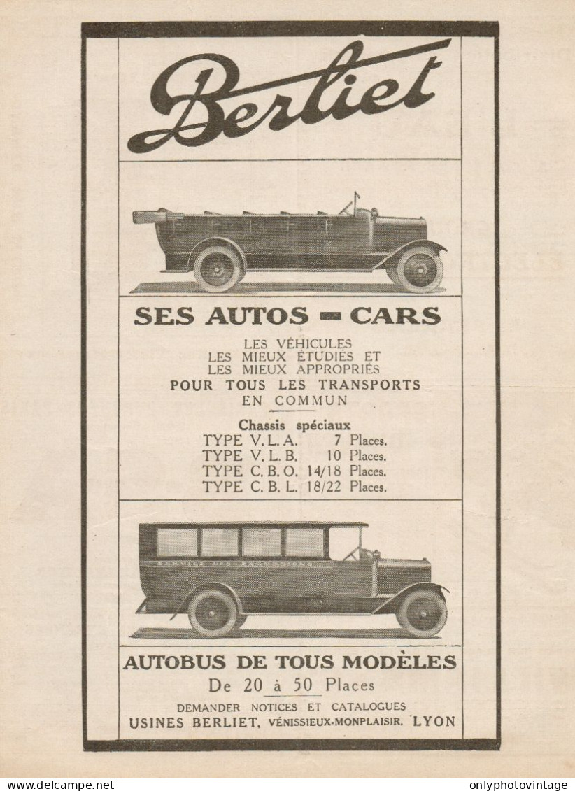 Automobili E Autobus BERLIET - Pubblicità D'epoca - 1921 Old Advertising - Publicidad