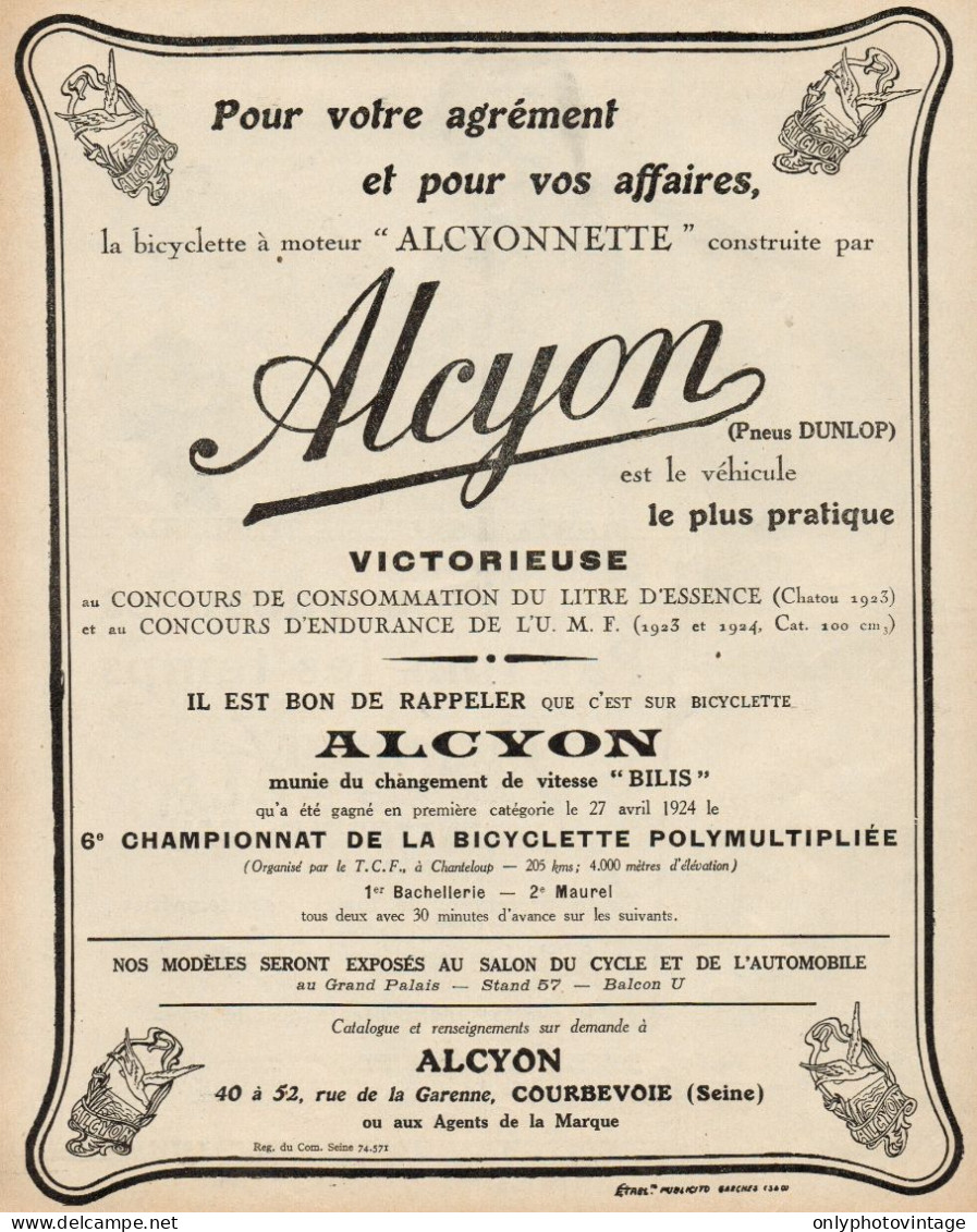 Motociclette ALCYONNETTE - Pubblicità D'epoca - 1924 Old Advertising - Publicités