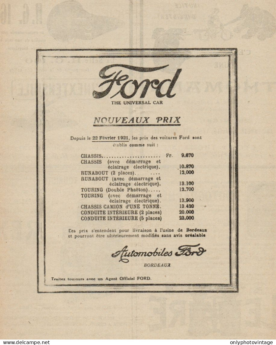 FORD The Universal Car - Nuovi Prezzi - Pubblicità D'epoca - 1921 Old Ad - Publicidad