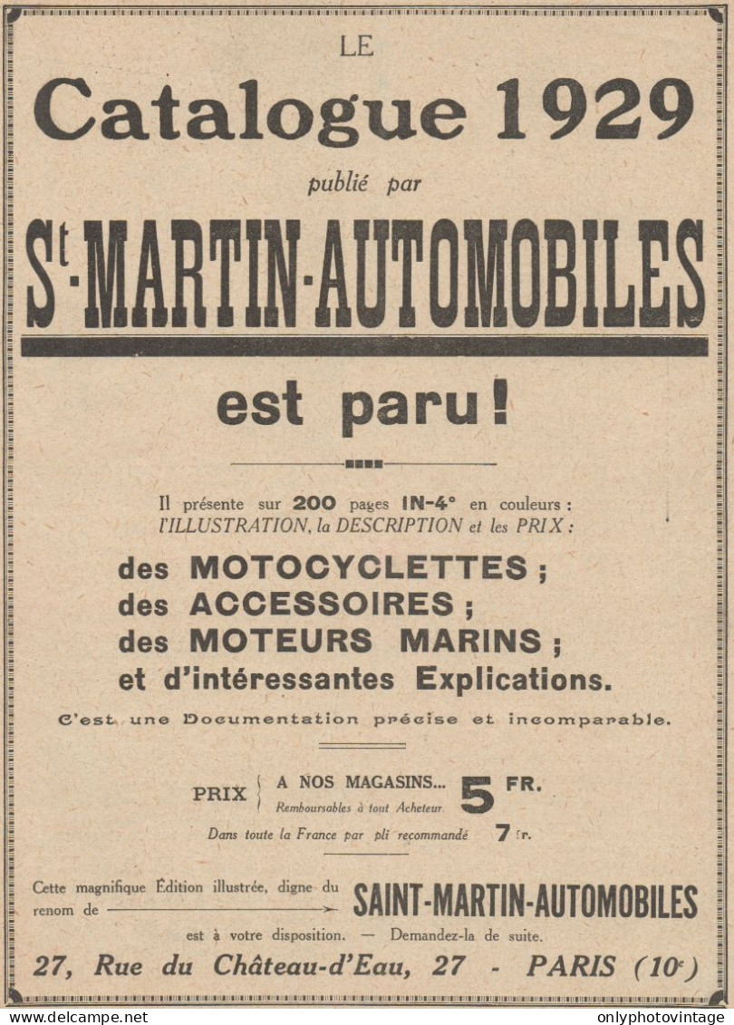 Motocyclettes Saint Martin Automobiles - Pubblicità D'epoca - 1929 Old Ad - Publicités