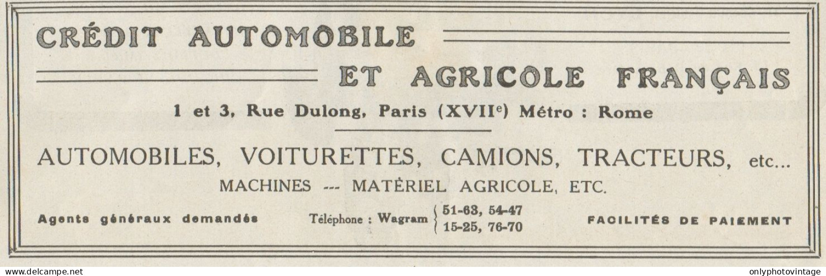 Crédit Automobile Et Agricole Français - Pubblicità D'epoca - 1919 Old Ad - Publicités