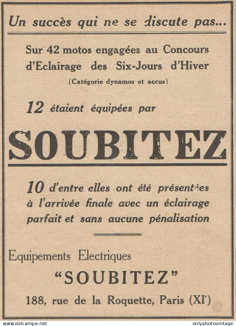 Equipements Electriques SOUBITEZ - Pubblicità D'epoca - 1929 Old Advert - Publicités