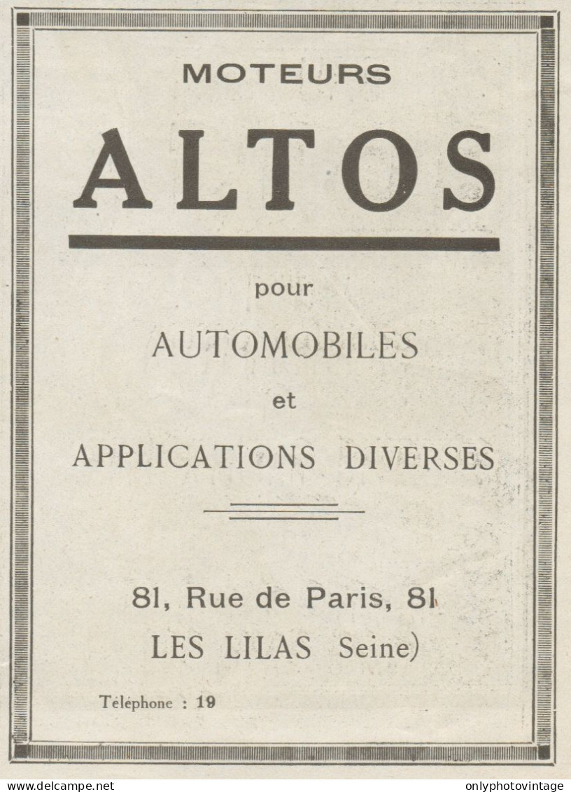 Moteur Pour Automobiles ALTOS - Pubblicità D'epoca - 1919 Old Advertising - Publicidad
