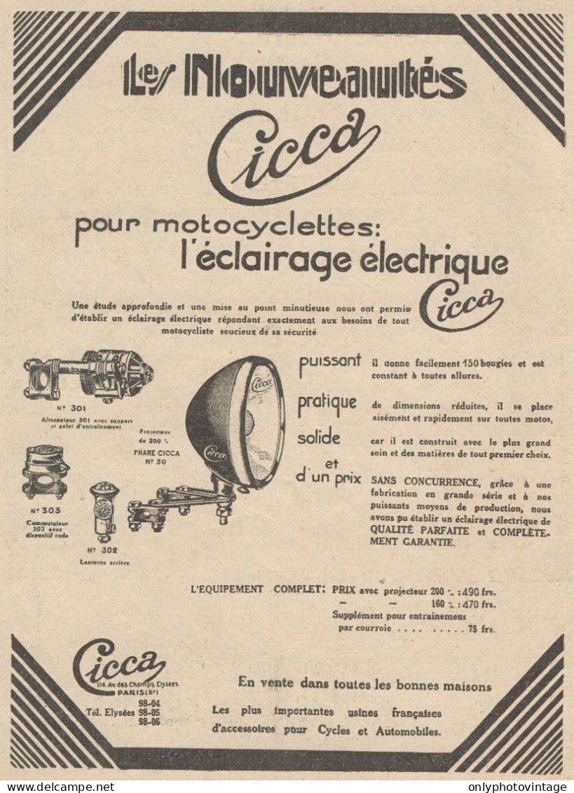 CICCA L'éclairage électrique Pour Motos - Pubblicità D'epoca - 1930 Old Ad - Publicidad