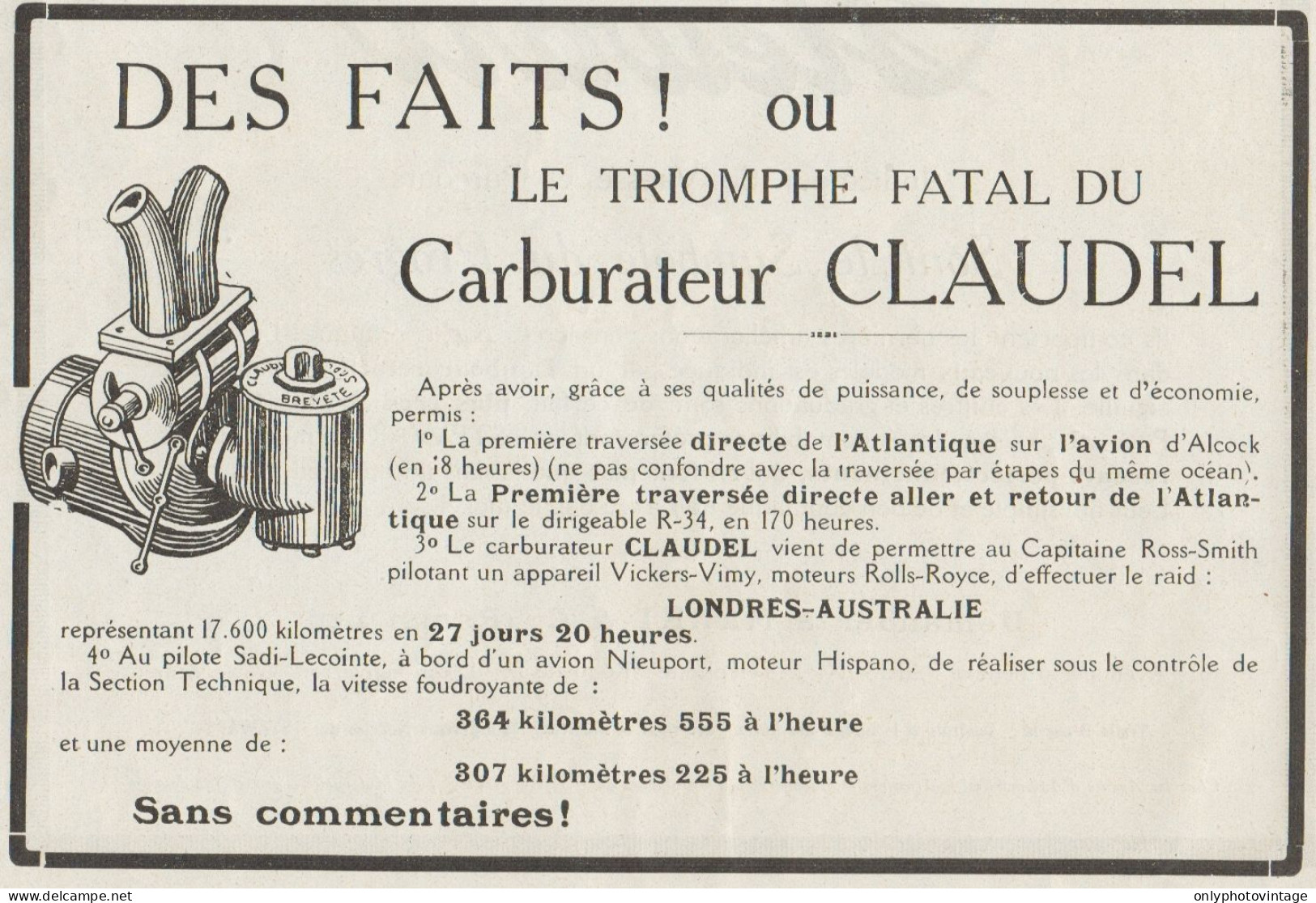 Le Triomphe Fatal Du Carburateur CLAUDEL - Pubblicità D'epoca - 1919 Ad - Publicités