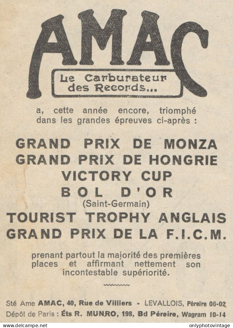 AMAC - Carburateur Pour Motos - Pubblicità D'epoca - 1931 Old Advertising - Werbung