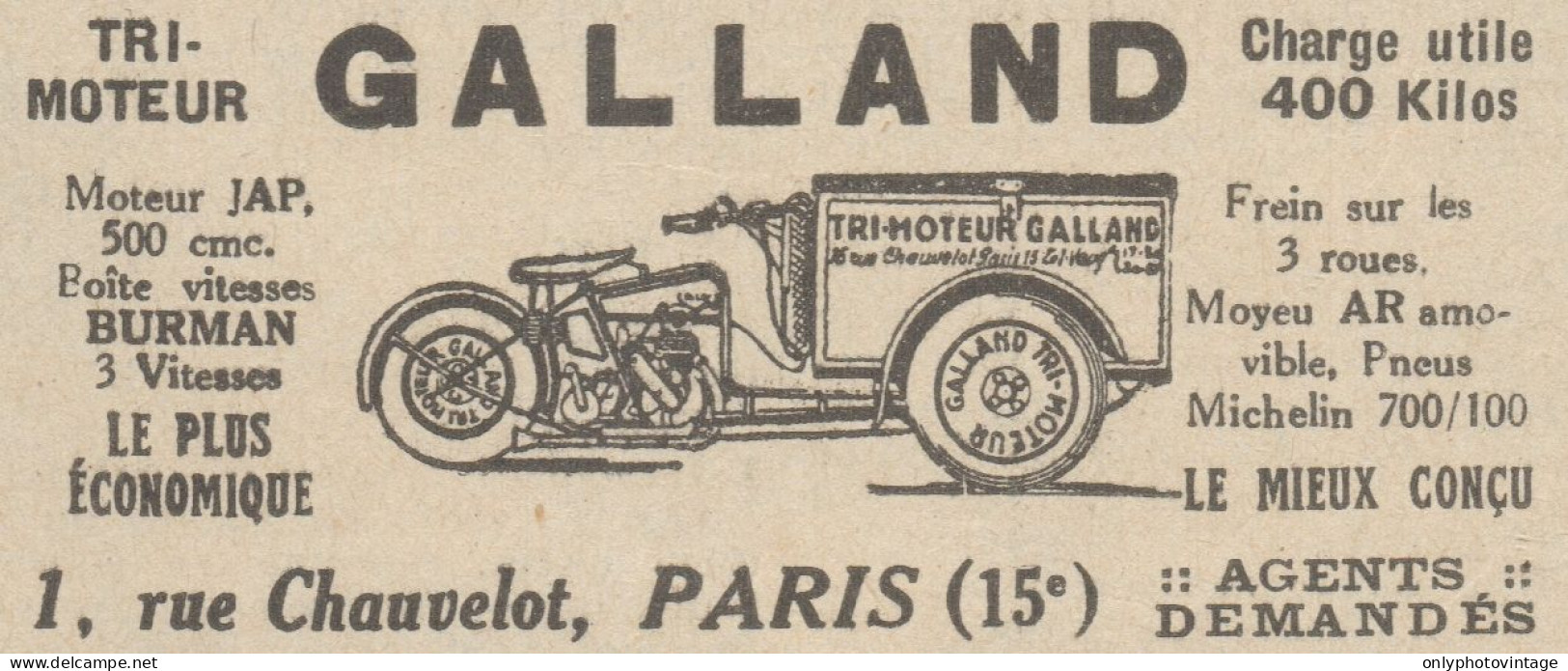 Tri-Moteur GALLAND 500 Cmc. - Pubblicità D'epoca - 1931 Old Advertising - Publicités