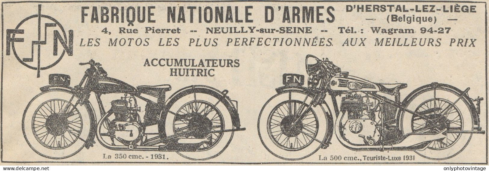 Motos F.N. 350 Cmc. Et 500 Cmc. - Pubblicità D'epoca - 1931 Old Advert - Pubblicitari