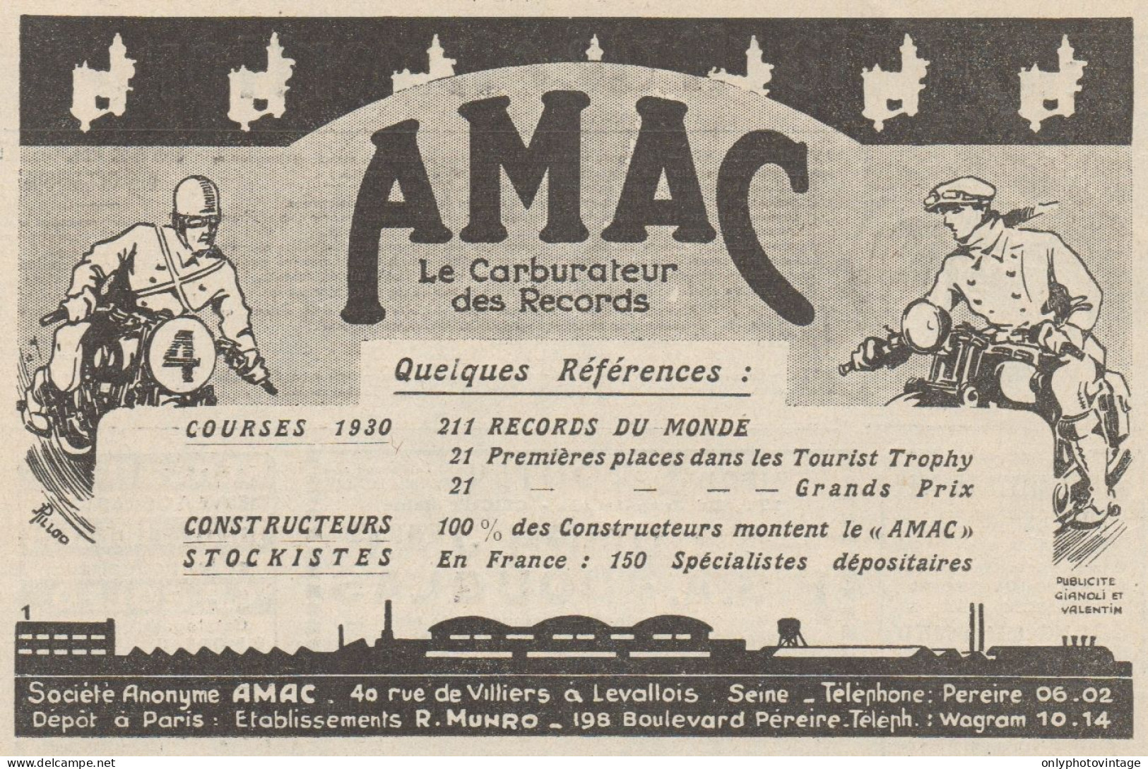 AMAC - Carburateur Pour Motos - Pubblicità D'epoca - 1931 Old Advertising - Pubblicitari