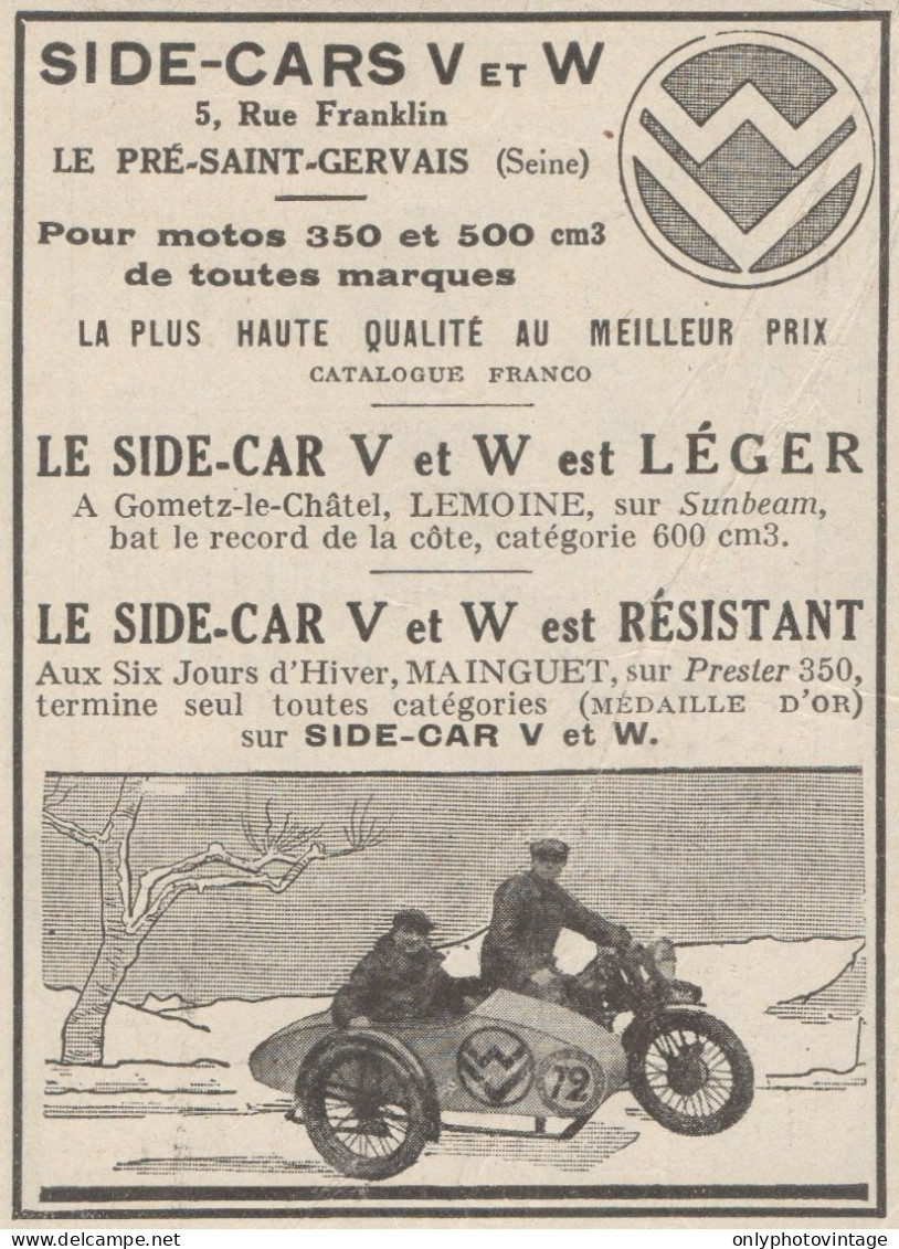 Sidecars V Et W - Pubblicità D'epoca - 1931 Old Advertising - Werbung
