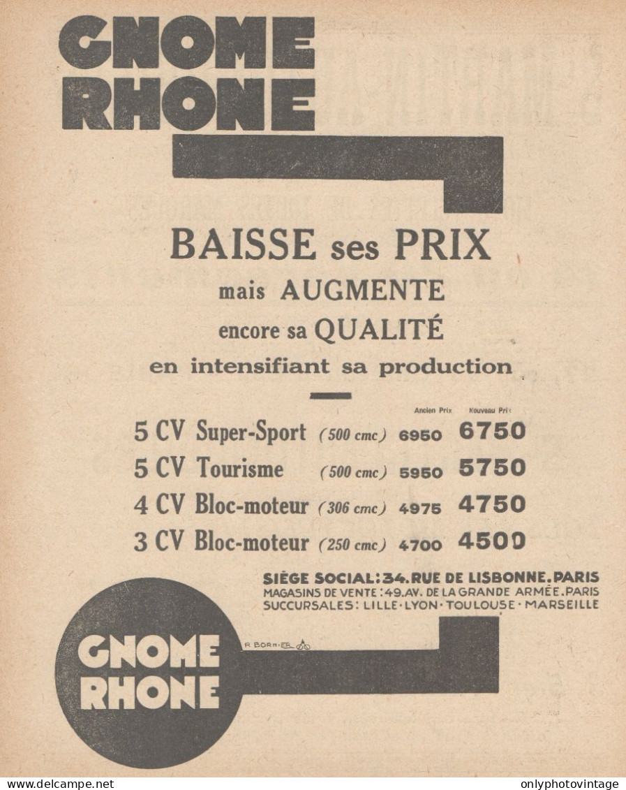 Moto GNOME RHONE - Listino Prezzi - Pubblicità D'epoca - 1930 Old Advert - Publicités