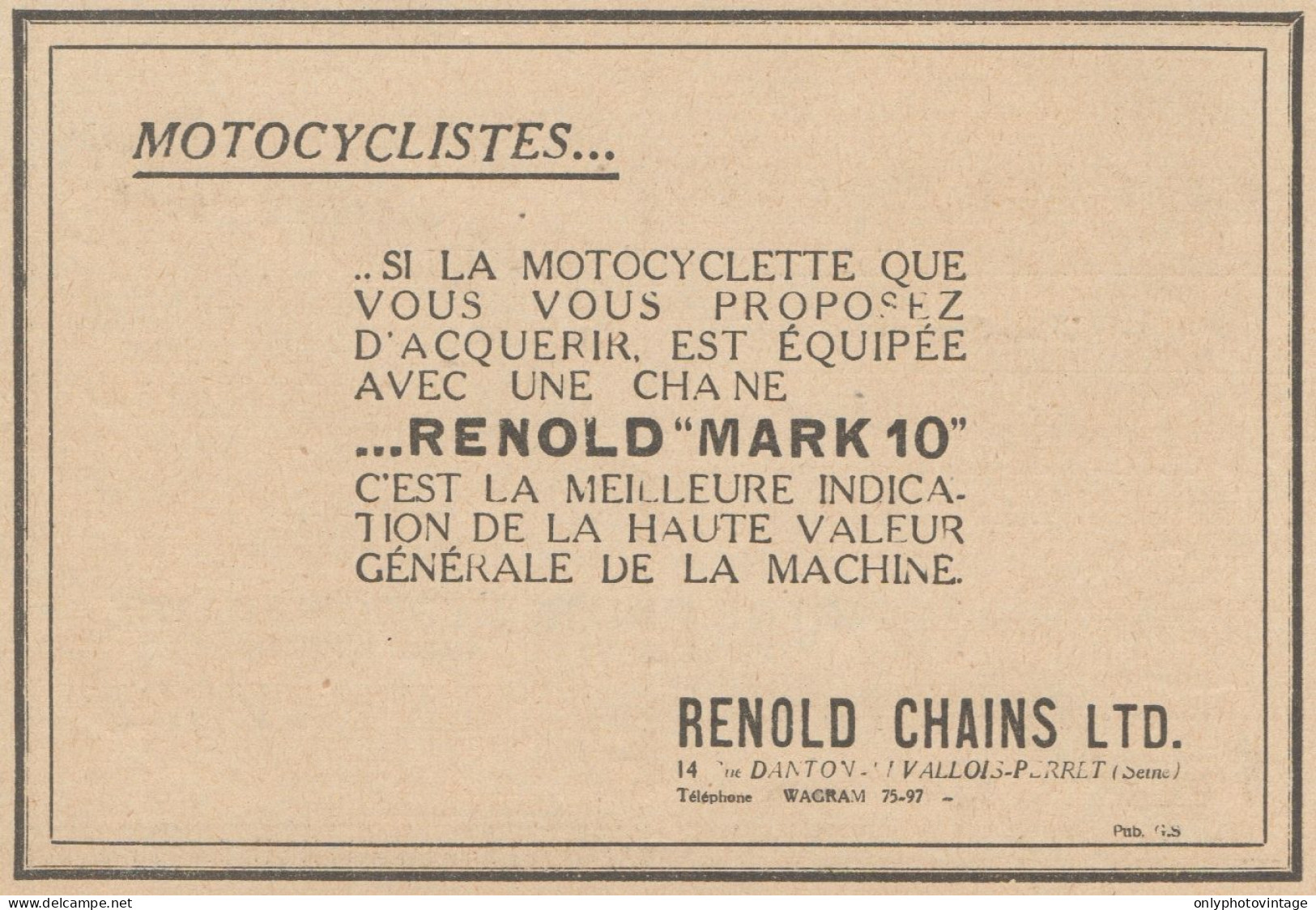Chane Pour Motocyclette RENOLD MARK 10 - Pubblicità D'epoca - 1930 Old Ad - Publicités