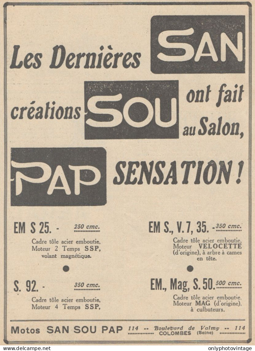 Motos SAN SOU PAP - Pubblicità D'epoca - 1930 Old Advertising - Publicités