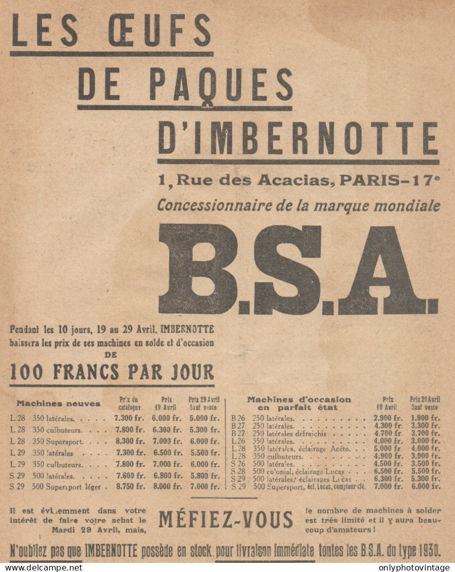 Motocyclette B.S.A. - Pubblicità D'epoca - 1930 Old Advertising - Werbung