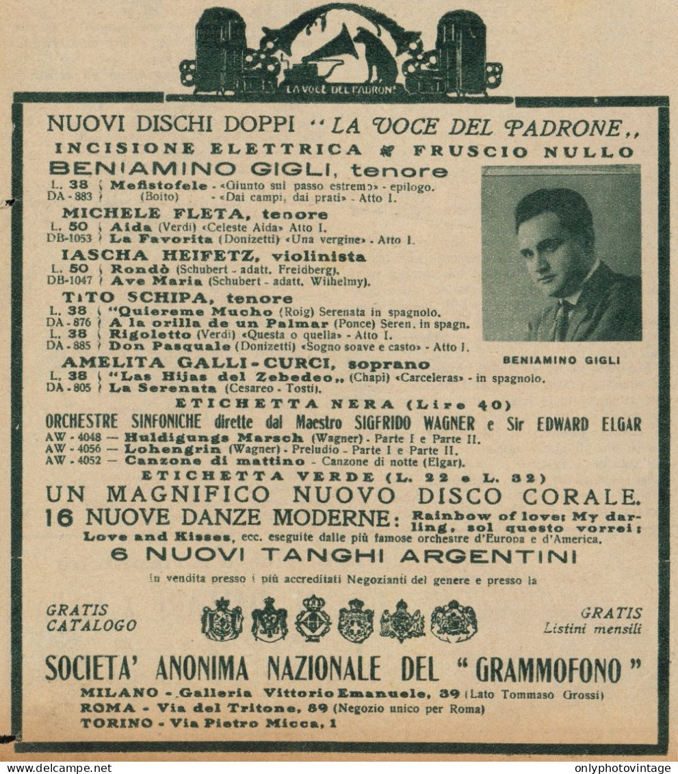 La Voce Del Padrone - Beniamino Gigli - Pubblicità D'epoca - 1927 Old Ad - Publicités