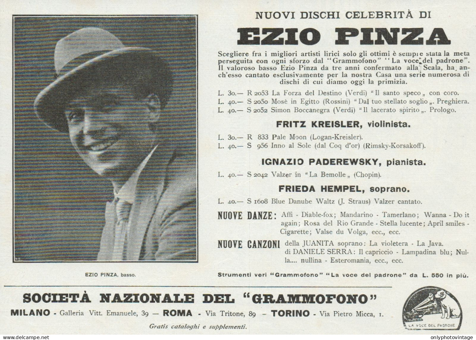 La Voce Del Padrone - Ezio Pinza - Pubblicità D'epoca - 1924 Old Advert - Publicités