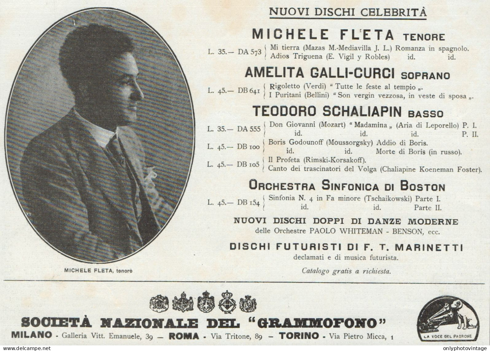 La Voce Del Padrone - Michele Fleta - Pubblicità D'epoca - 1924 Old Advert - Werbung