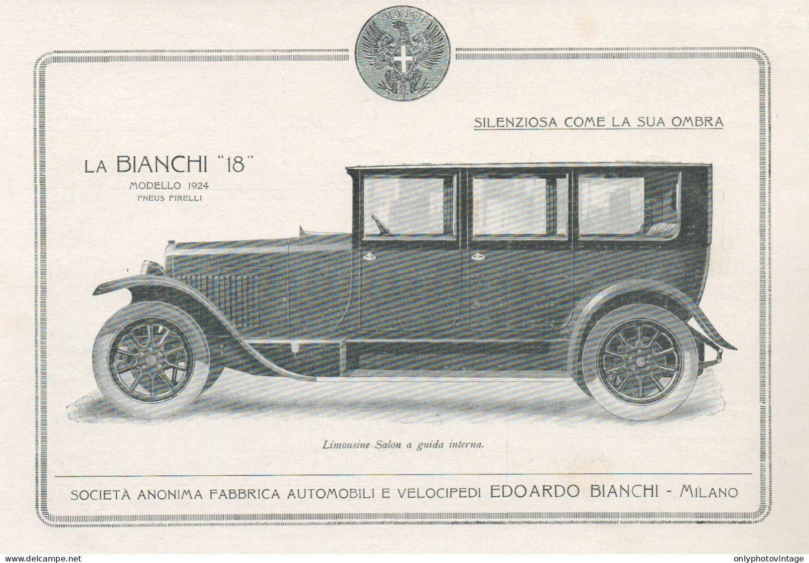 Auto BIANCHI 18 Limousine Salon - Pubblicità D'epoca - 1924 Old Advert - Publicités