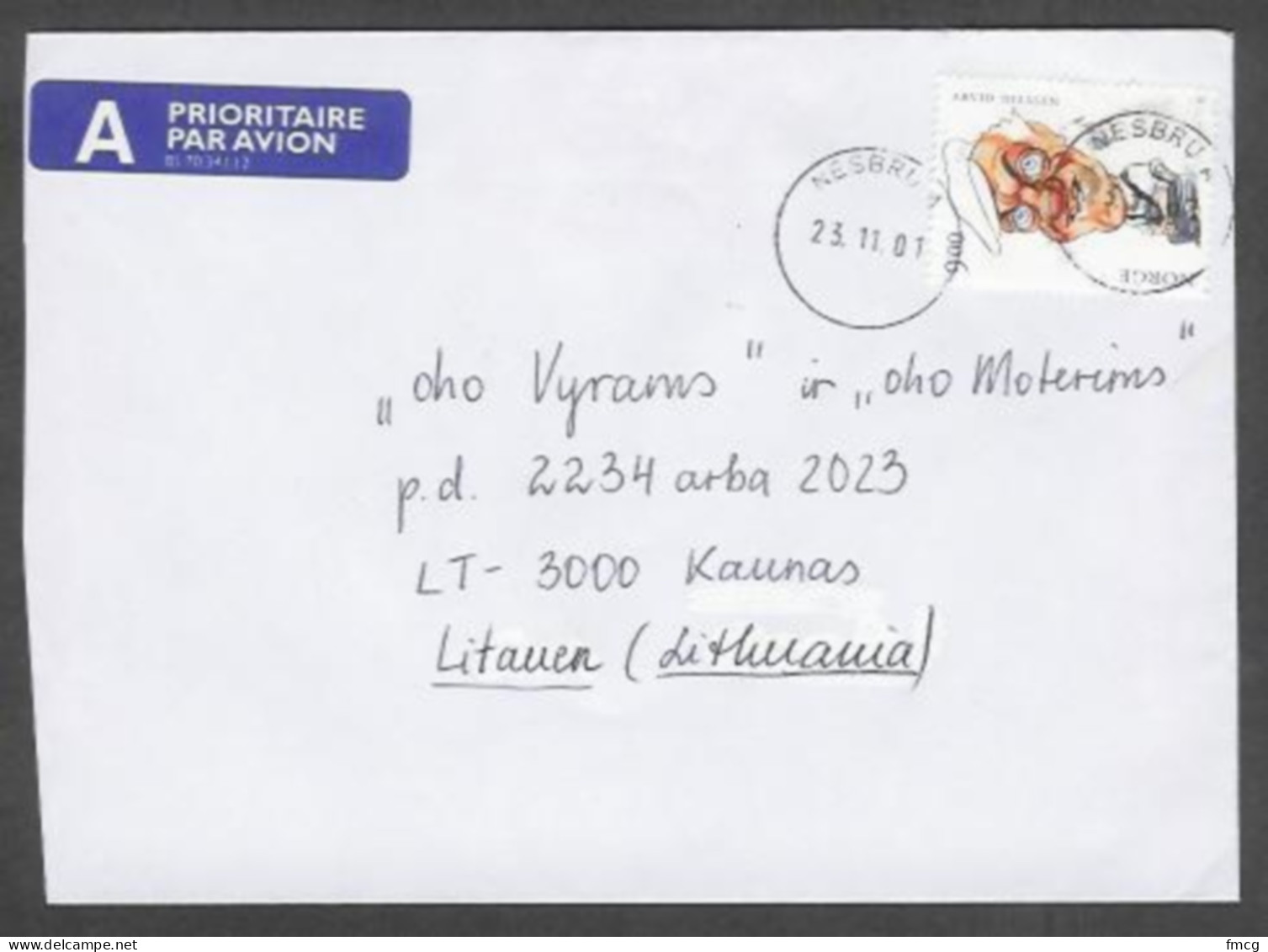 2001 9.00 Arvid Nilssen, Nesbrua (23.11.01) To Lithuania - Storia Postale