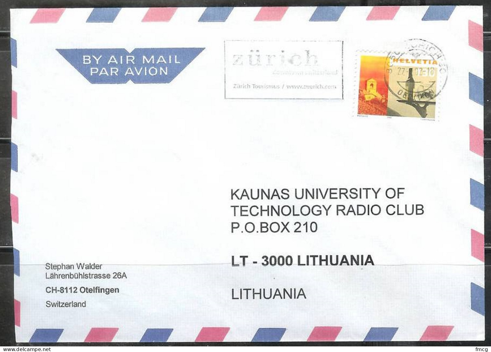2002 1.30 Church Zurich (27.01.02) On Cover To Lithuania - Covers & Documents