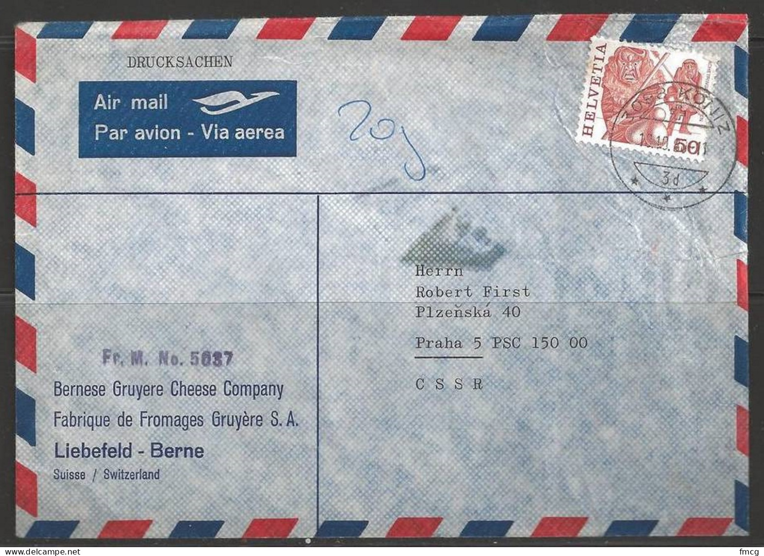 1988 Koniz Commercial Cheese Cover To Czechoslovakia - Lettres & Documents