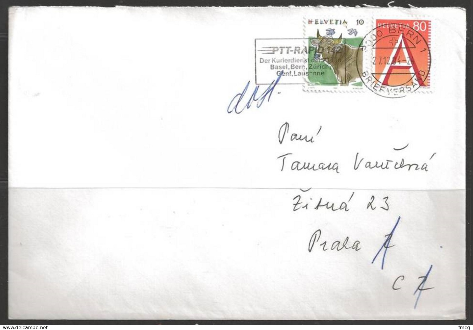 1994 Bern (27.12) To Czechoslovakia With 80c "A" & 10c Cow - Briefe U. Dokumente