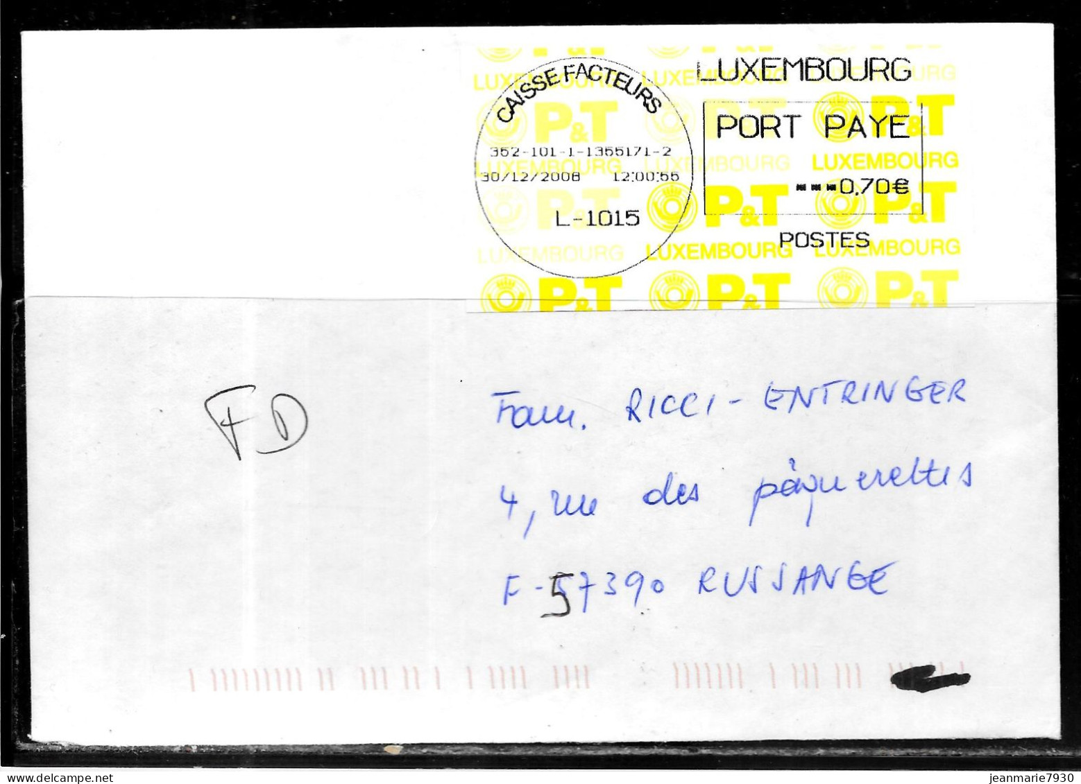 H350 - LETTRE DE LUXEMBOURG CAISSE FACTEURS DU 30/12/08 POUR LA FRANCE - FD ( FAUSSE DIRECTION ) - Frankeermachines (EMA)